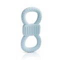 Einzelner, hellblauer Silikon-Beißring stehend auf weißem Hintergrund, zeigt die strukturierte Oberfläche zur Zahnungshilfe.
