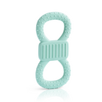 Aufrecht stehender, minzfarbener Beiß- und Lernring in Form einer 8. Die Oberfläche ist mit Noppen versehen und das Mittelstück ist geriffelt, um das Zahnfleisch zu massieren.