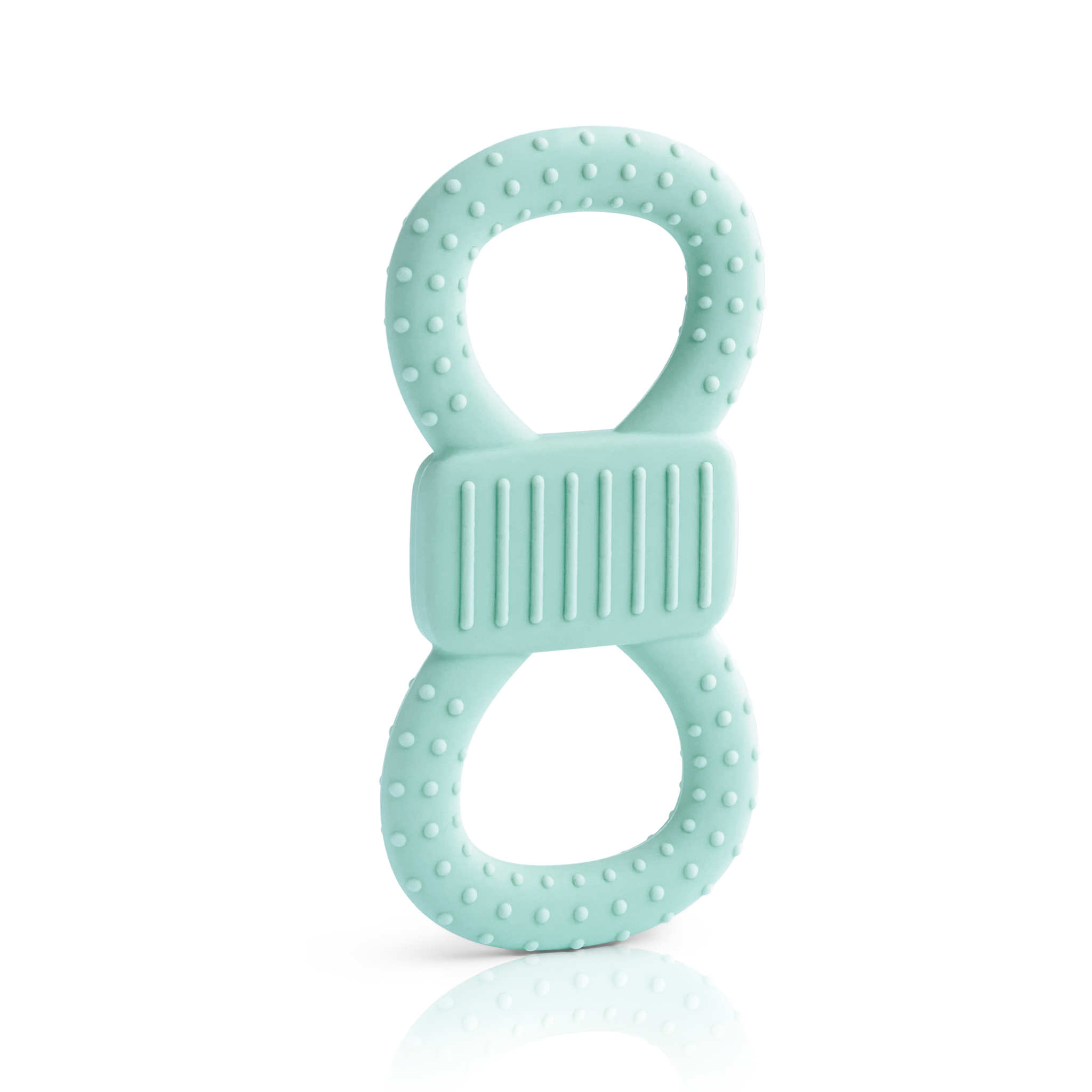 Aufrecht stehender, minzfarbener Beiß- und Lernring in Form einer 8. Die Oberfläche ist mit Noppen versehen und das Mittelstück ist geriffelt, um das Zahnfleisch zu massieren.