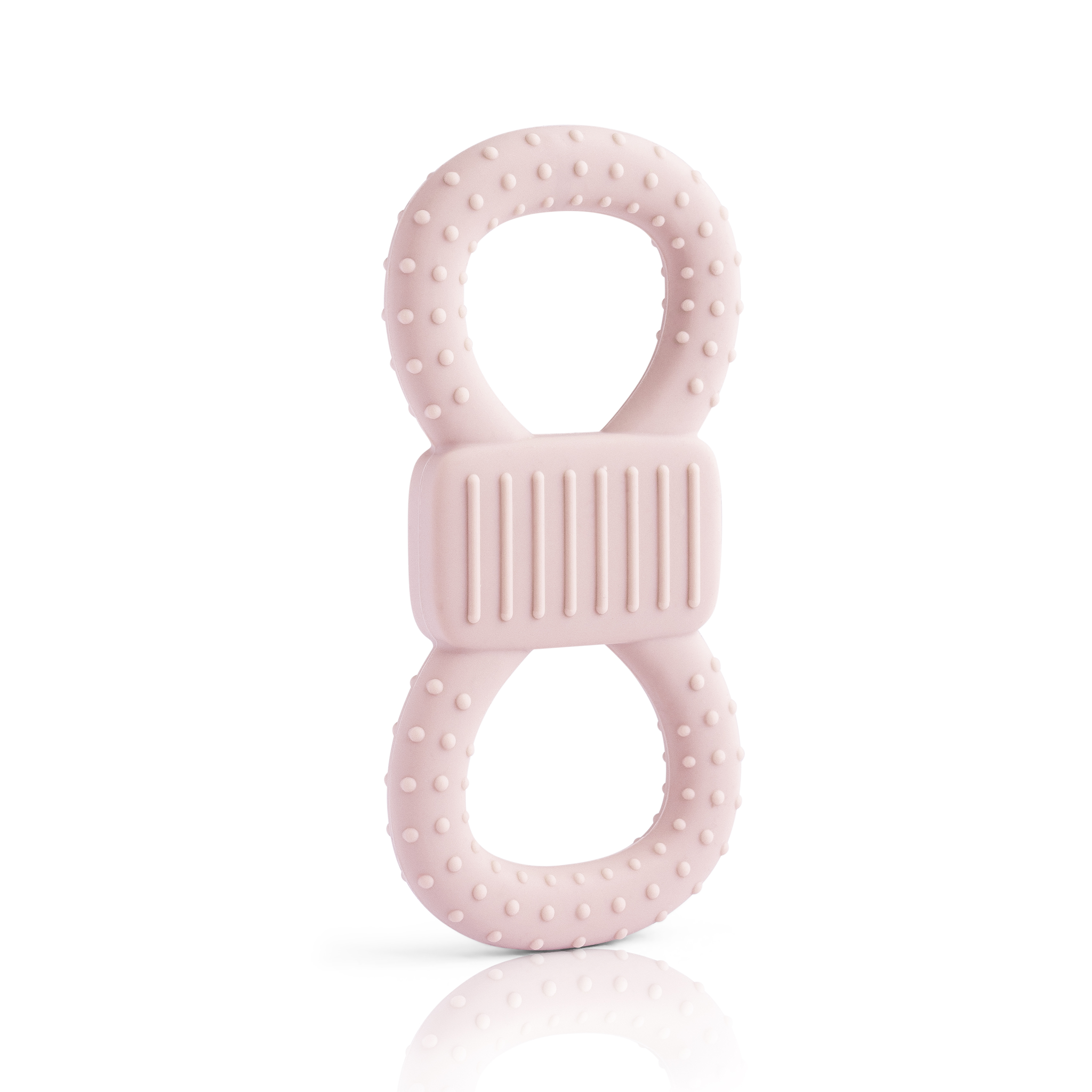 Aufrecht stehender, rosafarbener Beiß- und Lernring in Form einer 8. Die Oberfläche ist mit Noppen versehen und das Mittelstück ist geriffelt, um das Zahnfleisch zu massieren.